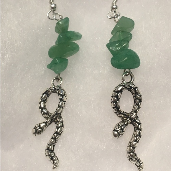 PeaceFrog Jewelry - SOLD Green Aventurine Silver Snake Dangle Earrings